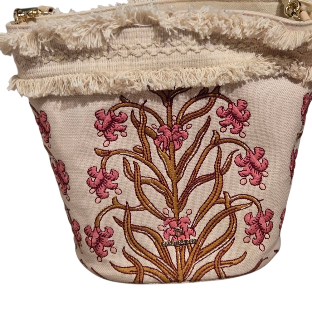 Spartina 449 Pepper Hall Woodblock Embroidered Pink Floral Bucket Handbag Purse - Picture 5 of 14